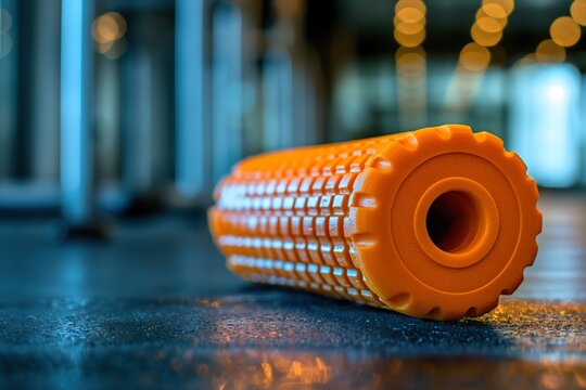 Detailed view of an orange foam roller lying on the gym floor.