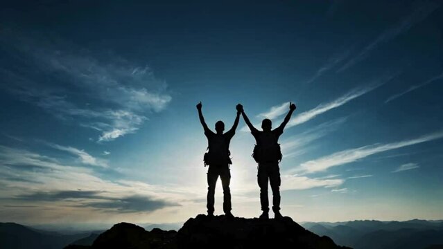 Silhouette of a person standing on the top of a mountain with arm towards the sky celebrating their achievement