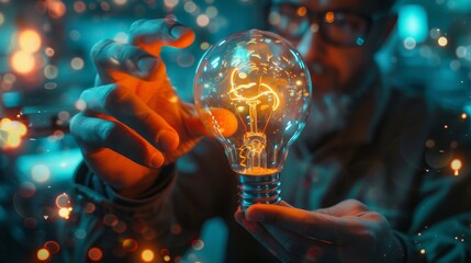 Research: A researcher studying a glowing lightbulb - obrazy, fototapety, plakaty