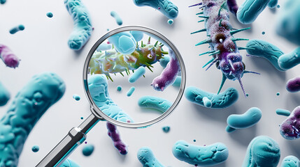 Cartoon bacteria under a magnifying glass isolated on white, generative ai