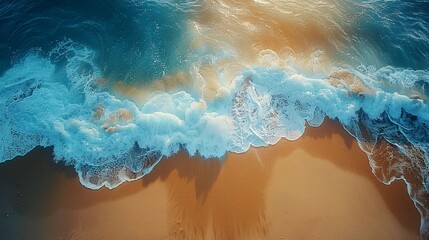 an exhilarating aerial view capturing the vast expanse of ocean waves crashing onto a sun-kissed beach - obrazy, fototapety, plakaty