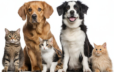 Dogs and cats in a group against a white background
