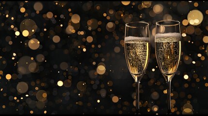 Festive luxury celebration birthday new year's eve sylvester or other holidays background banner greeting card - Toast with sparkling wine or champagne glasses on dark black night background - obrazy, fototapety, plakaty