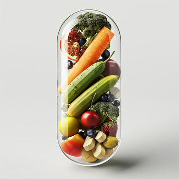 Ultra HD 3D image Dietary supplements within a translucent capsule among a spread of fresh fruits and vegetables
