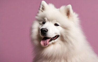  Cute Samoyed dog on blue color background. Neural network  
