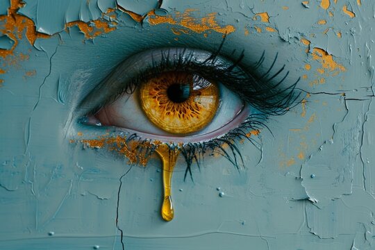 Up close shot of woman's eye with a single tear streaming down the side, emotional portrait of sadness and vulnerability