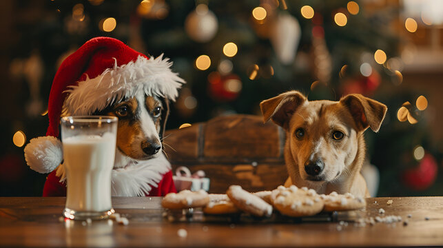 Cat and Dog taking over Santas cookies and milk,  generative ai