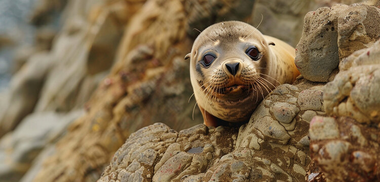 A curious seal pup peering out from behind a rocky outcrop, its big brown eyes sparkling with intelligence and mischief as it surveys its surroundings