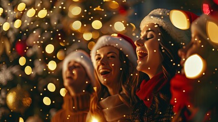 Friends singing carols in Christmas eve on blurred decorated shiny Christmas Tree background A Christmas tree twinkles with colorful lights and ornaments, creating a magical holiday scene - obrazy, fototapety, plakaty