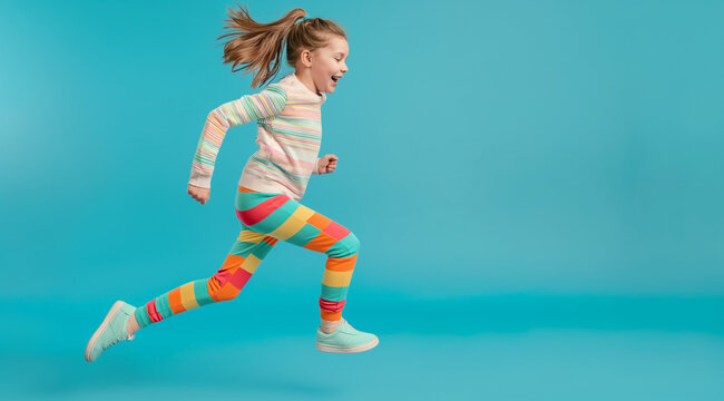 young girl  running in rainbow striped sweat pants as she runs on blue background