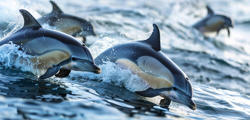 A playful pod of dolphins frolicking in the waves, their sleek bodies gliding effortlessly through the water as they chase each other in a game of tag