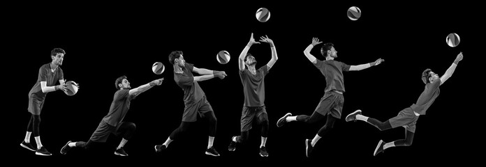 Collage in monochrome filter. Progression of basketball player shooting ball, depicted in multiple exposure against black background. Concept of professional sport, championship, match, tournament. Ad