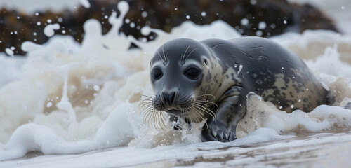 A playful seal pup frolicking in the waves, its sleek body twisting and turning as it dives and spins with joyful abandon