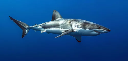 Fotobehang A sleek and powerful great white shark patrolling the murky depths of the open ocean, its keen senses honed for detecting the slightest movement of prey © rai stone