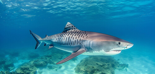 A sleek and powerful tiger shark cruising through the open ocean, its distinctive stripes and...