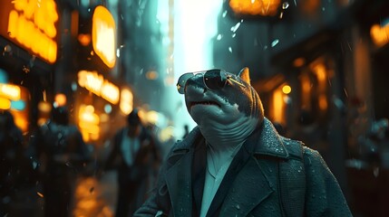 Obraz premium Humanoid shark dressed in a businessman's suit on the street of a business area. Conceptual image of the tough business world