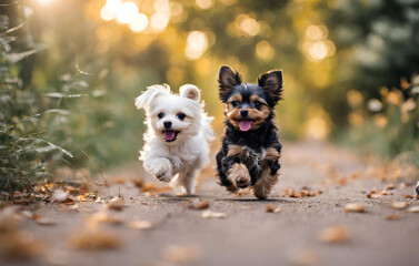 Happy Yorkshire terriers running against a forest background
 - obrazy, fototapety, plakaty