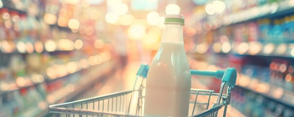 Bottled milk placed in a shopping cart in a store. - obrazy, fototapety, plakaty