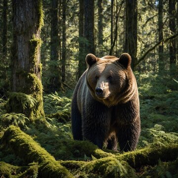 Develop a bear image set in an ancient forest, with towering trees draped in moss and shafts of sunlight filtering through the canopy. Capture the bear amidst the dense foliage, perhaps scratching its