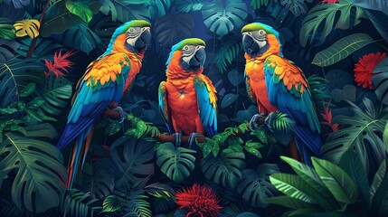 colorful parrots amidst lush foliage. Show the diverse flora and fauna of this rich ecosystem