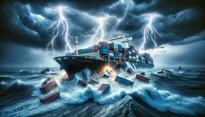 Cargo ship in a powerful ocean storm - A highly detailed image of a cargo ship braving a massive storm with lightning and waves, evoking a sense of danger - obrazy, fototapety, plakaty