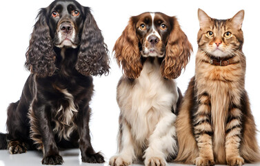Large group of cats and dogs in front. looking at camera. isolated on white background
