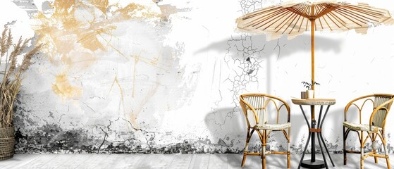 Modern sketch hand drawn illustration of a wooden table with two wicker chairs under a sun umbrella. Black and white street cafe furniture. - obrazy, fototapety, plakaty