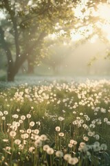 Misty Dawn: Sparkling Dandelions in Morning Light