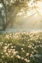 Obraz premium Misty Dawn: Sparkling Dandelions in Morning Light
