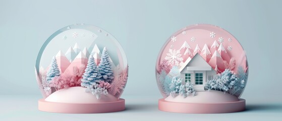 This blue and mint winter snow globe features a small house, mountains and fir-tree under the snow. Perfect for gifts for the New Year. This flat modern illustration is a snowy landscape with