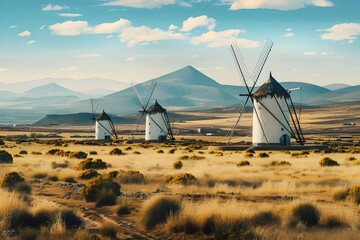 Rural Windmill Scene: Iconic windmills turning gracefully in a vast rural landscape.

 - obrazy, fototapety, plakaty