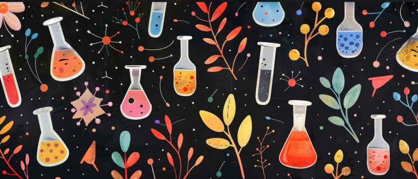 Color hand drawn doodle style flasks in chemistry lab scientific experiment equipment isolated modern illustration. Set of flasks in doodle style on black background.