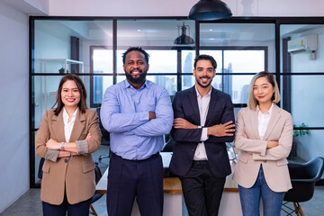 Portrait of diverse employee business people team crossed hand working together in the office building in formal jacket for leadership global teamwork and success cooperation partnership