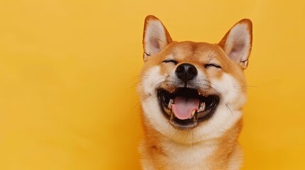 Close-up portrait of a cute white dog with a brown patch on its eye Happy smiling shiba inu dog isolated on yellow orange background with copy space. Red-haired Japanese dog smile portrait  - obrazy, fototapety, plakaty