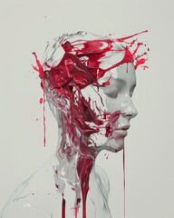 Artistic portrait with vibrant red splashes. A visually captivating portrait of a figure with vivid red paint splashes creating a dynamic contrast