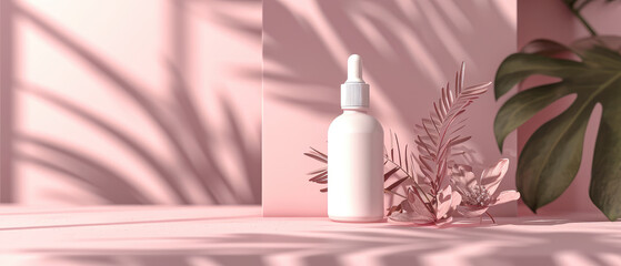 Pink floral showcase with cream jar, container, serum bottle, surreal flowers in trendy pastel color.  Shadows effect.Skin Care, makeup concept. Cosmetic product presentation. Generative ai