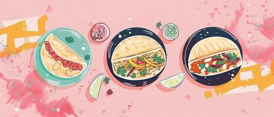 Authentic Mexican food set with tacos, burrito, guacamole, salsa, guacamole, guacamole sauce. Hand drawn flat modern elements with lettering.