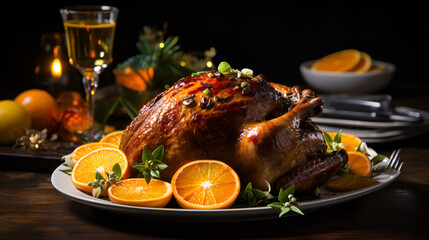 roasted duck with potatoes and vegetables,Crispy duck breast with golden brown potatoes,A festive holiday dinner table with roast turkey sides and decorations.