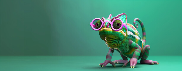 Portrait of a chameleon wearing pink sunglasses on monotone background. - obrazy, fototapety, plakaty