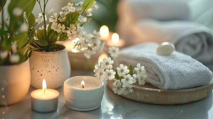 Spa concept, table with towels, candles and daisy flowers on it