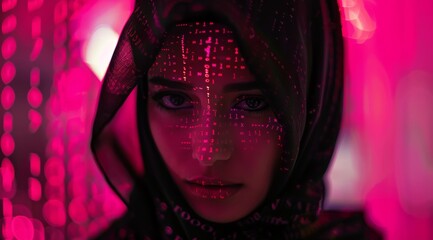 Digital woman with neon matrix code. A visual concept of digital identity with a woman's face overlaid by glowing neon matrix code, evoking cyber themes
