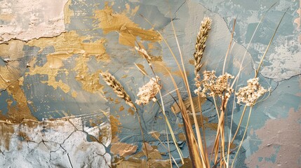 Art abstract. Plants, flowers, golden grain. Oil on canvas. Brush paint. Modern art. Plants, flowers, wallpaper, posters, cards, murals, carpet, hangings, prints...