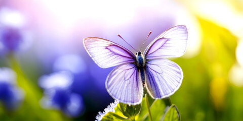 Purple butterfly on wild white violet flowers in grass in rays of sunlight, macro. Generative AI