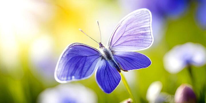 Purple butterfly on wild white violet flowers in grass in rays of sunlight, macro. Generative AI