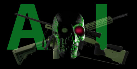 Artificial Intelligence skull with rifles behind