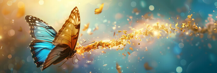 a blue and yellow butterfly flying through a blue and yellow sky with gold flecks on it's wings. - obrazy, fototapety, plakaty