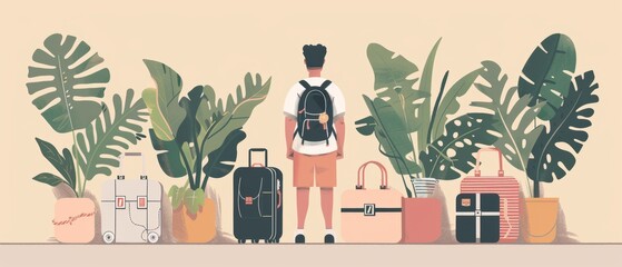 Flat hand drawn modern illustration of a suitcase with travel things, icons and objects. Luggage, suitcase travel concept with man and palm leaves. Icon of luggage with travel items and icons. - obrazy, fototapety, plakaty