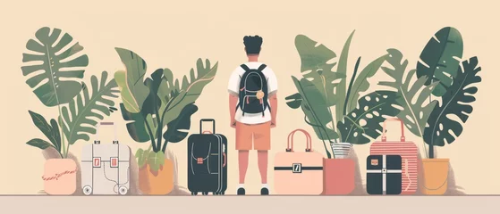 Foto op Plexiglas Flat hand drawn modern illustration of a suitcase with travel things, icons and objects. Luggage, suitcase travel concept with man and palm leaves. Icon of luggage with travel items and icons. © Mark