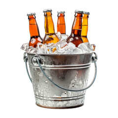 Metal bucket filled with ice and brown beer bottles without labels on a cut out PNG transparent background - obrazy, fototapety, plakaty