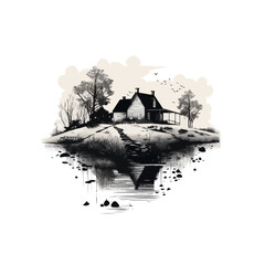 Farmhouse | Black and White Vector illustration